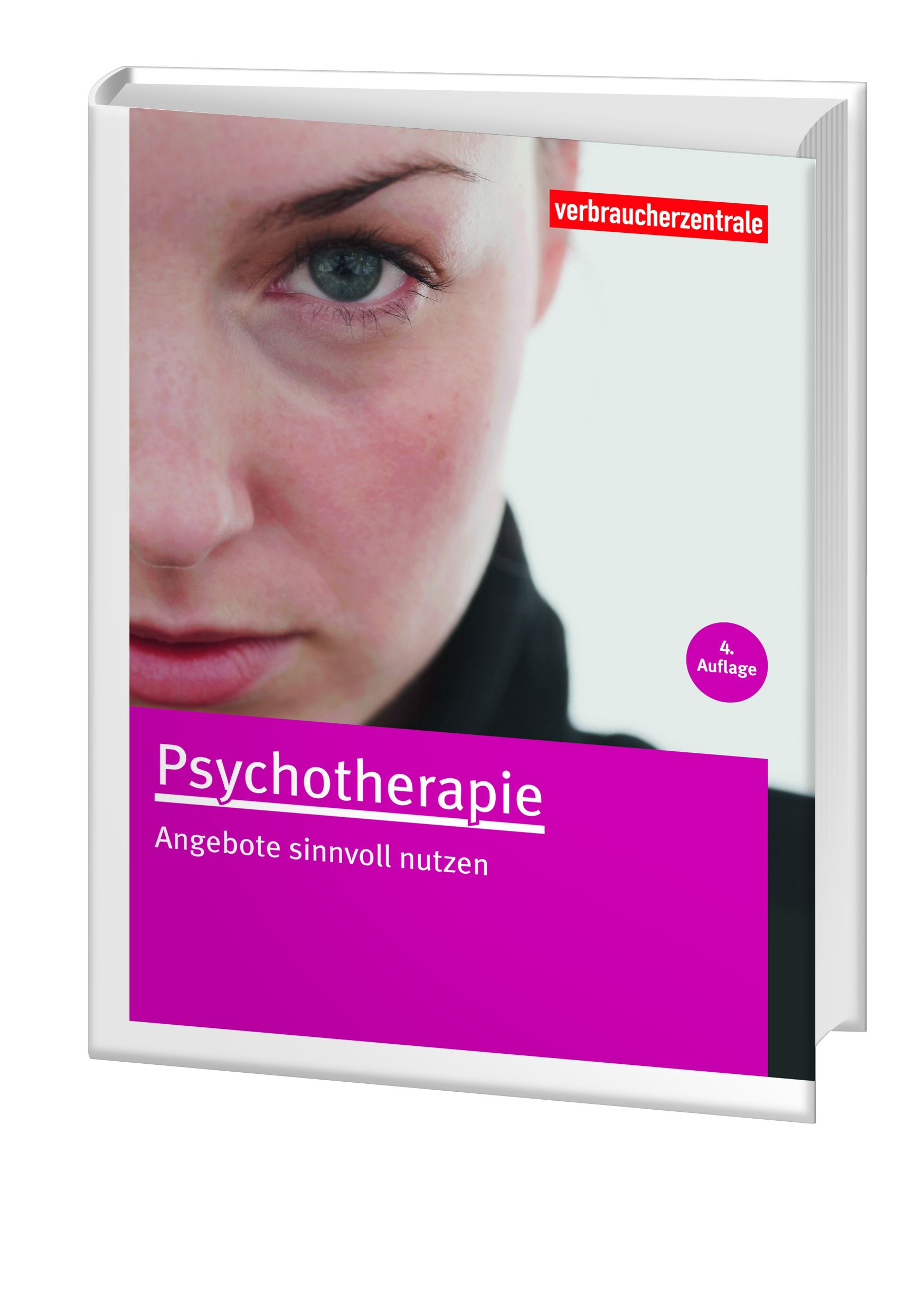 Cover des Ragebers "Psychotherapie": Ein angeschnittenes Porträt einer jungen Frau, die intensiv in Richtung des Betrachters blickt