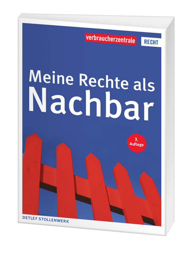 Cover des Ratgebers "Meine Rechte als Nachbar": Vor blauem Hintergrund sieht man den Ausschnitt eines Jägerzauns in intensiven rot