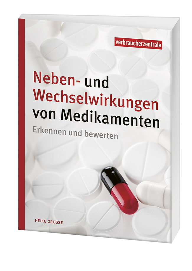 Cover des Ragebers "Neben- und Wechselwirkung von Medikamenten": Das ganze Bild ist mit weissen Tabletten belegt. An einer Stelle liegt eine Tablettenkapsel in den Farben rot und schwarz