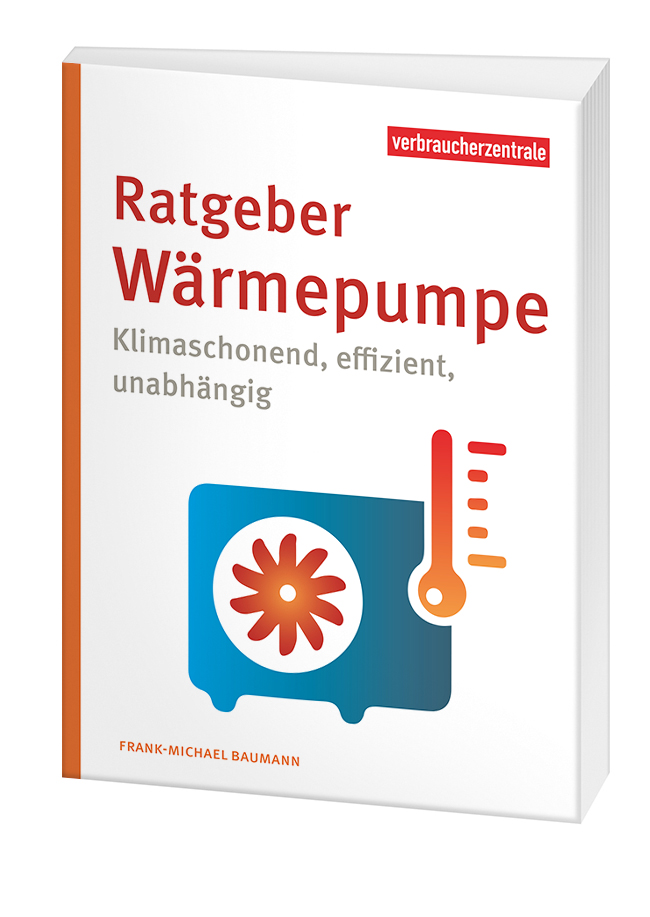 Cover des Ratgebers "Ratgeber Wärmepumpe": Auf weißem Grund steht mittig das Symbol für eine Wärmepumpe in den Farben orange und blau