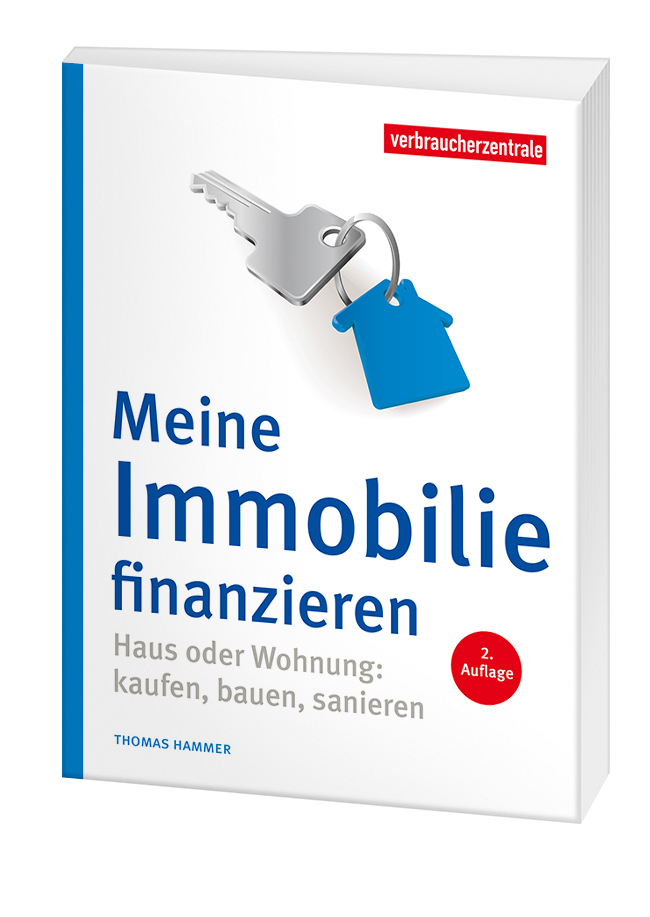 Cover des Ratgebers "Meine Immobilie finanzieren": Auf weissem Hintergrund liegt ein Schlüssel mit Anhänger. Am Anhänger hängt ein kleines blaues Haus