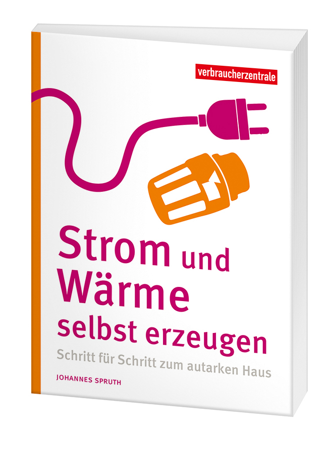 Cover des Ratgebers "Strom und Wärme": Auf weißem Hintergrund liegt ein gezwichnetes violettes Stromkabel und ein oranges Heizungsthermostat