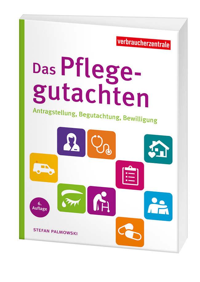 Cover des Ratgebrs "Das Pflegegutachten": Neun bunte Kacheln, auf denen Icons zum Thema Pflege abgebildet sind