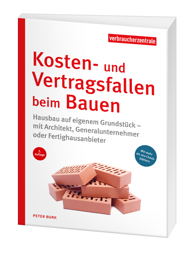 Cover des Ratgebers "Kosten- und Vertragsfallen beim Bauen": Vor weissem Hintergrund liegt ein Stapel von Ziegelsteinen