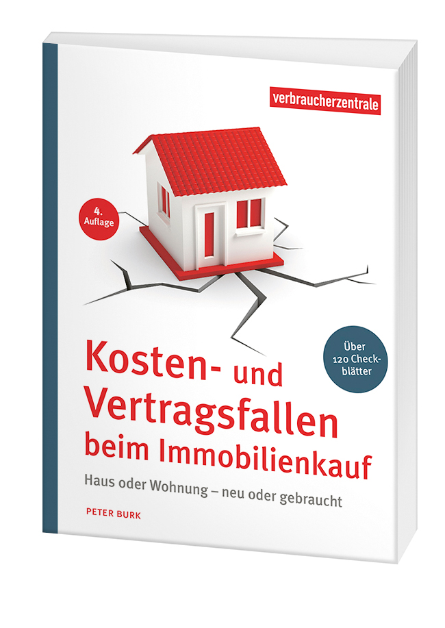 Cover des Ratgebers "Kosten- und Vertragsfallen beim Immobilienkauf": Auf weissem Untergrund sieht man große Risse im Boden, die unter einem stilisierten Haus mit rotem Dach hervorbrechen