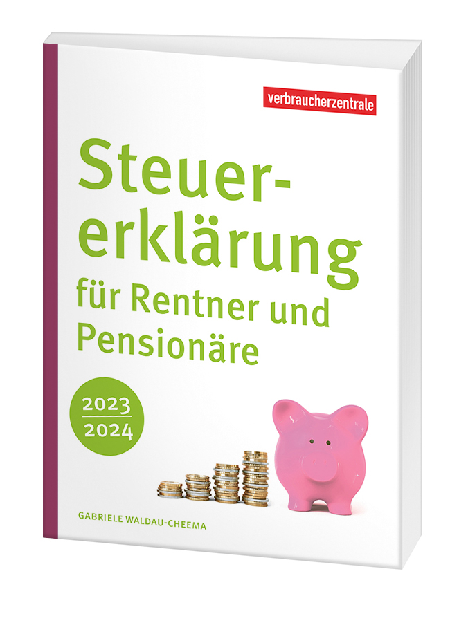 Cover des Ratgebers "Steuererklärung für Rentner und Pensionäre 2024/2025": Auf weissem Hintergrund steht mittig ein sich treppenartig erhöhendes Münzstapel. Rechts danebensteht ein rosa Sparschwein