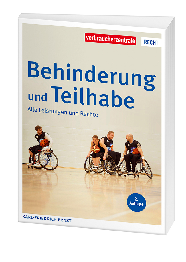 Cover des Ratgebers "Behinderung und Teilhabe": Vier Rollstuhl-Basketballer beim Spiel