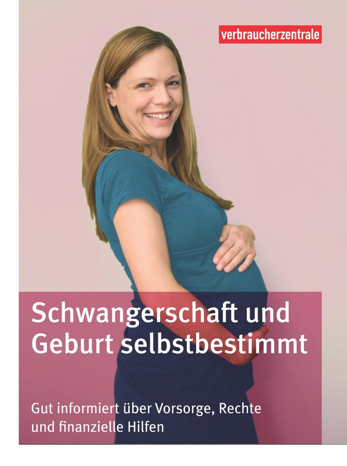 Cover des Ratgebers "Schwangerschaft und Geburt selbsbestimmt": Vor fliederfarbenene Hintegrund steht eine schwanhgere Frau mit offenen langen Haaren. Die linke Hand liegt auf ihrem Bauch, die rechte Hand stützt den Bauch. Sie lächelt in Richtung Betracht