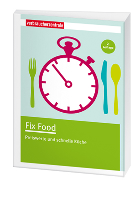 Cover des Ratgebers "Fix Food": Die schamtische Zeichnung einer Uhr, de auch ein Teller sein knn. Neben ihr sind links eine Gabel und rechts ein Messer und ein Löffel angeordnet