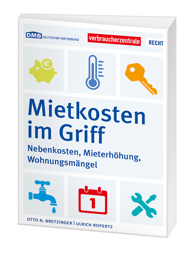 Cover des Ratgebers "Mietkosten im Griff": Auf hellen Kacheln erkennt man Symbole: Ein Sparscgwein, ein Thermomente, einen Schlüssel, einen alten Wasserhahn, ein Kalenderblatt mit 1 drauf, zwei gekreuzte Werkzeuge