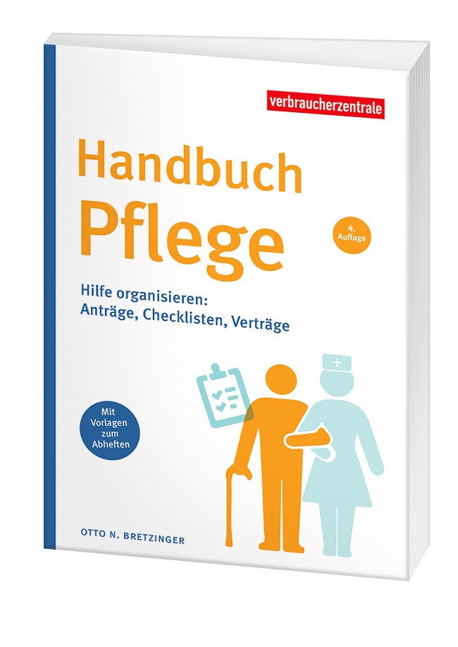 Cover des Ratgebers "Handbuch Pflege": Auf weissem Hintergrund steht rechts zwei Iconartige Figuren. Inorange eine Person mit einem Gehstock, einhehakt von  einer blauen Figur mit Rock und Haube. Neben der ornagen Figur steht eine Akte
