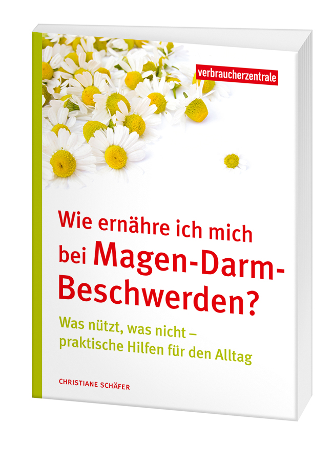 Cover des Ratgebers "Wie ernähre ich mich bei Magen- Darm- Beschwerden": Auf weissem Hintergrund liegen links oben Kamilleblüten