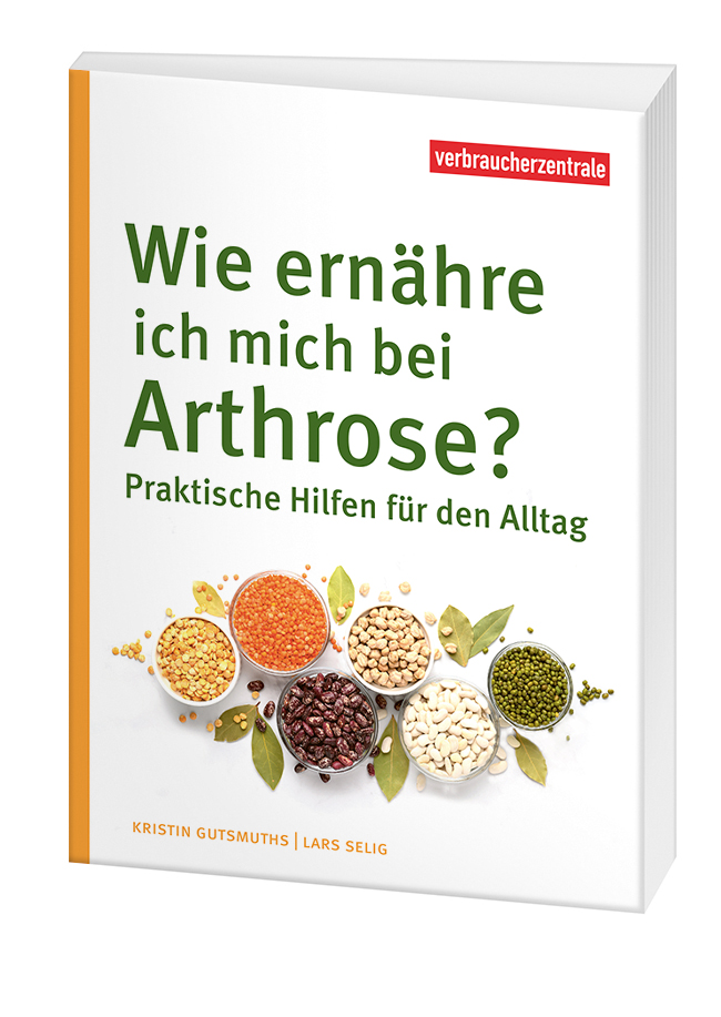 Cover des Ratgebers "Wie ernähre ich mich bei Arthrose?": Auf weissem Grund stehen fünf Schalen, die mit unterschiedlichen Hülsenfrüchten gefüllt sind